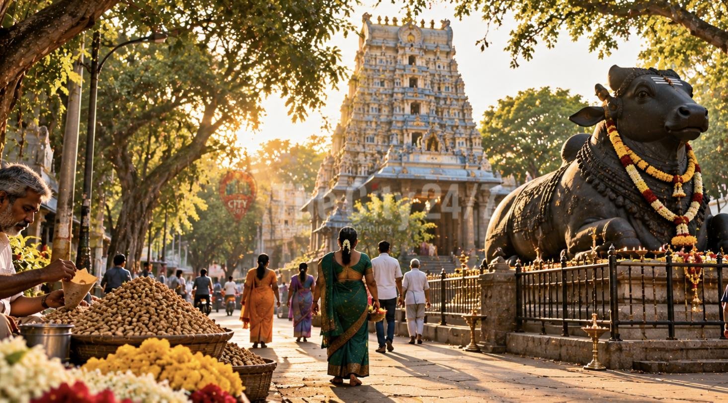 A devotee in a green saree walking past a groundnut seller towards a temple gopuram, beside a garlanded stone Nandi