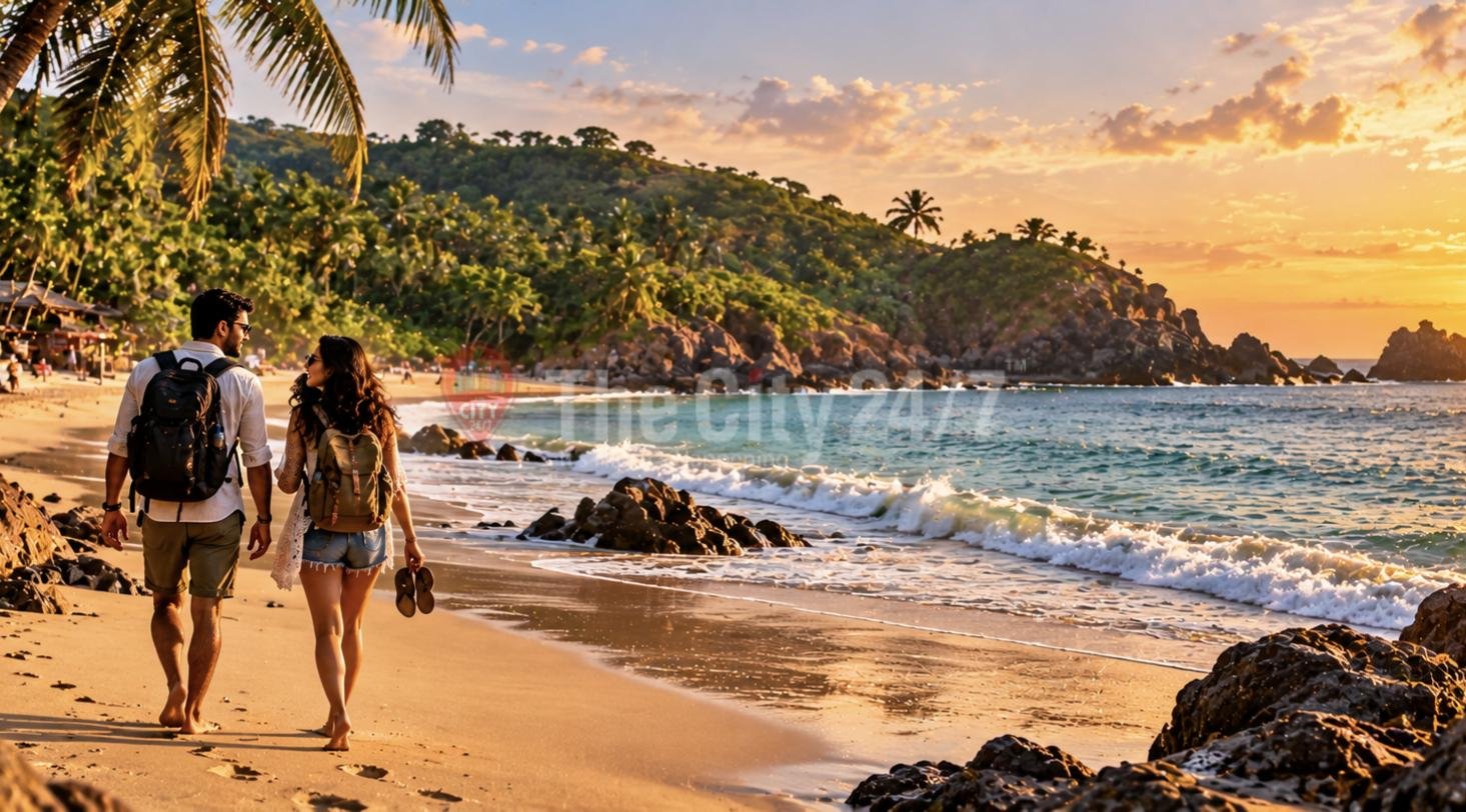 A couple with backpacks walking barefoot along a rocky palm-lined beach at sunset