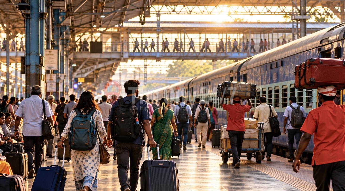 Travellers with suitcases and porters carrying luggage on their heads along a busy railway platform beside a train, a footbridge above