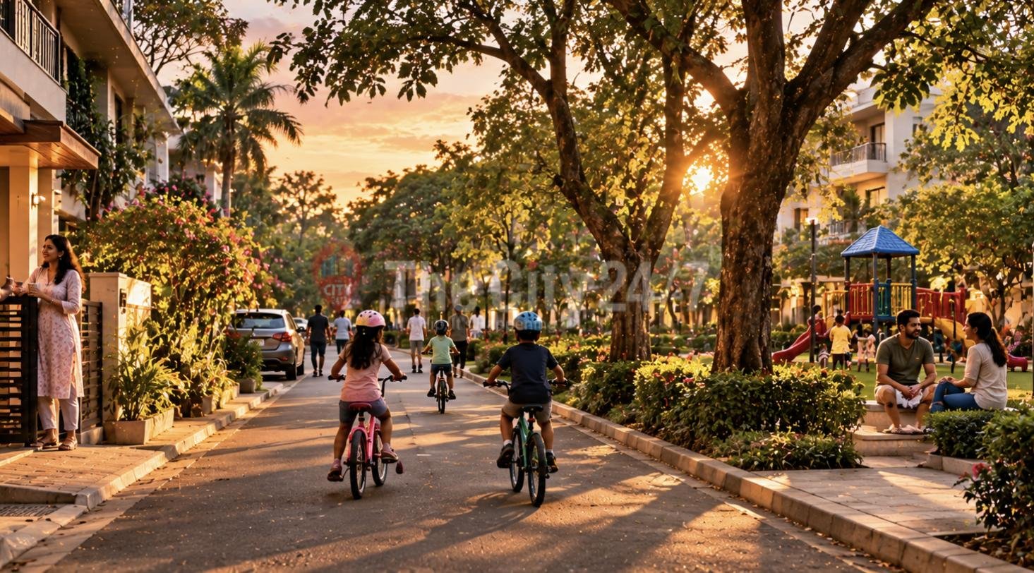 Children cycling down a tree-lined residential lane at sunset, with parents chatting beside a playground