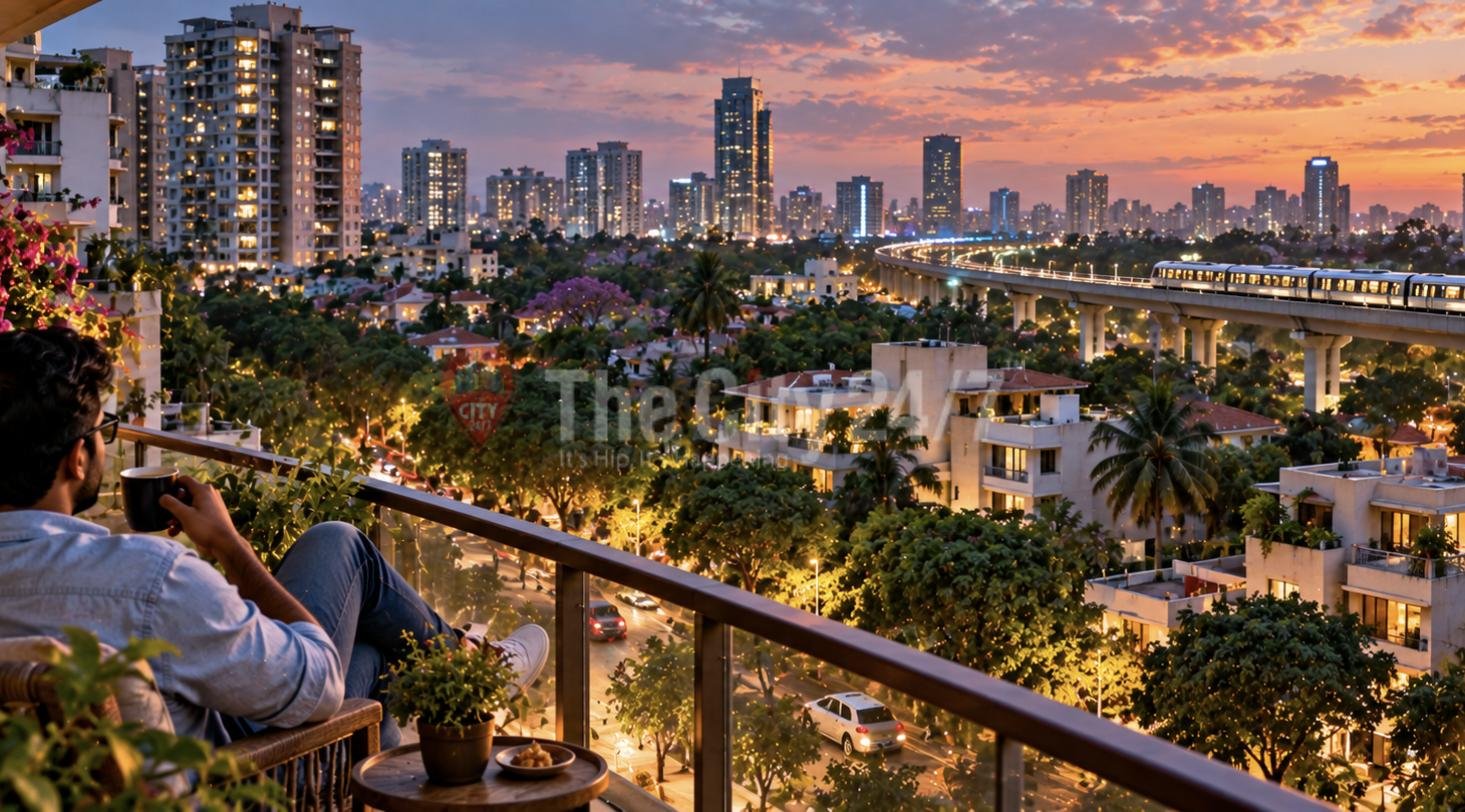 A man with coffee on a balcony overlooking leafy neighbourhoods, apartment towers and a metro line at dusk