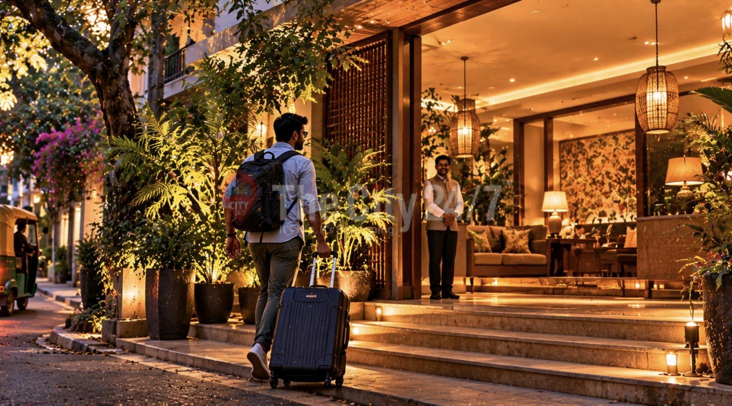 A traveller wheeling a suitcase up the lit steps of a boutique hotel entrance, greeted by a staff member