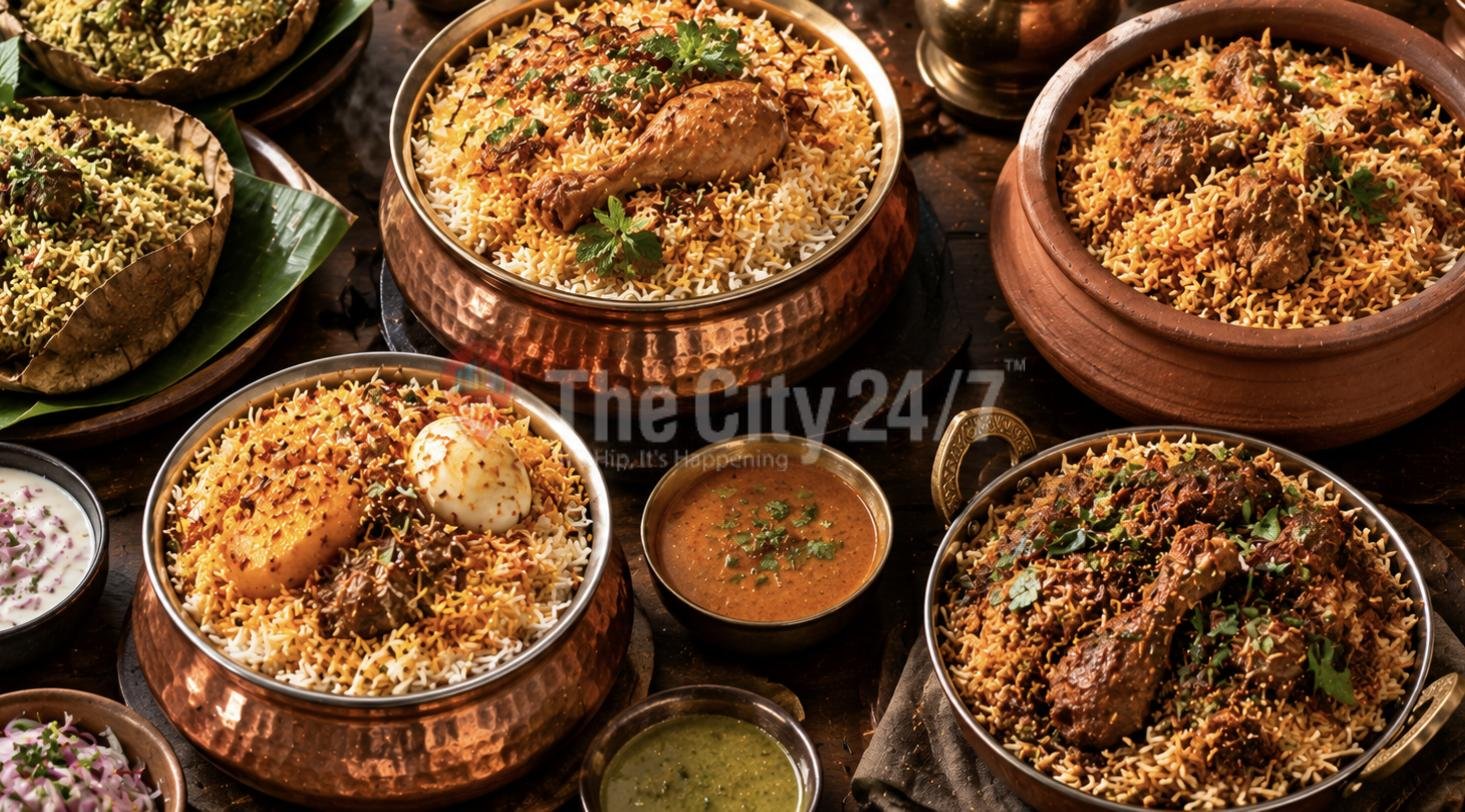 Several styles of biryani in copper handis and clay pots, with chicken, mutton and egg, alongside raita and salan