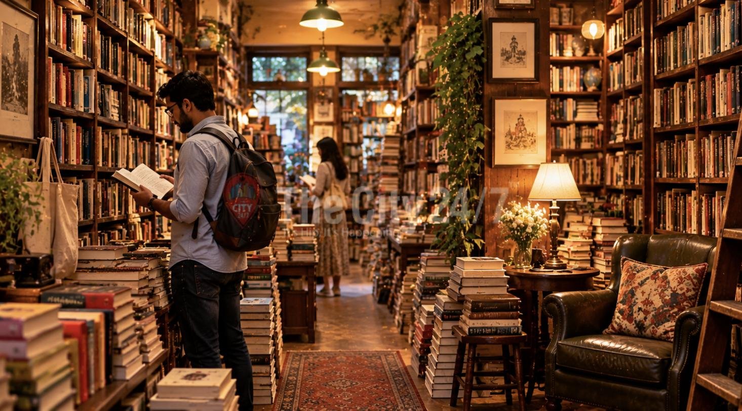 A man reading in the aisle of a cosy bookshop with floor-to-ceiling shelves, stacked books and a leather armchair
