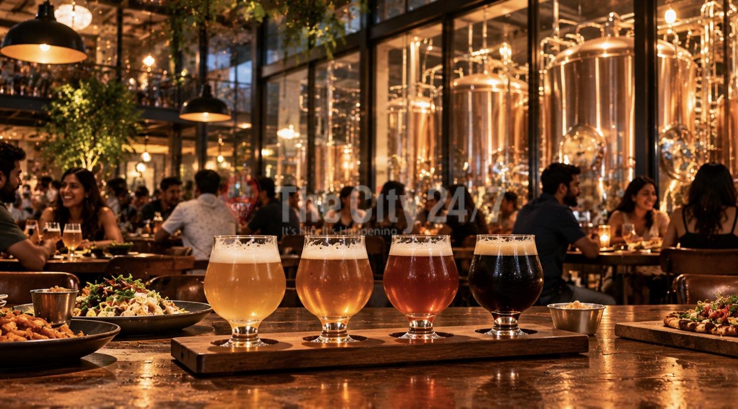 A flight of four craft beers on a wooden paddle in a busy brewpub with copper brewing tanks behind glass