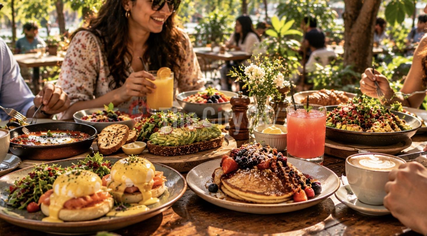 Friends sharing eggs Benedict, avocado toast, pancakes, shakshuka and juices at a sunny garden cafe table