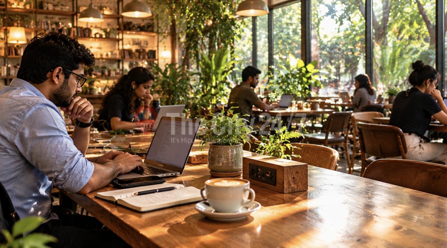 People working on laptops at long wooden tables in a sunlit, plant-filled cafe, a cappuccino and power socket in front