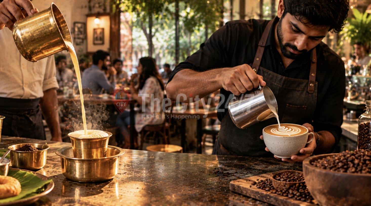 One server pouring frothy filter coffee into a brass dabara while a barista pours latte art beside a bowl of beans
