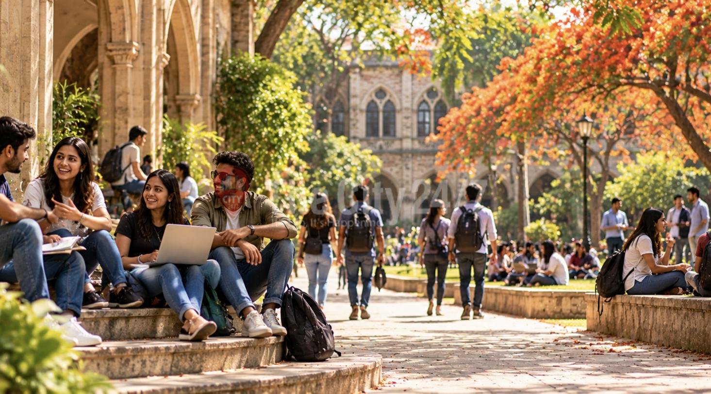 Students chatting on stone steps and walking across a leafy college campus with an old Gothic-style building