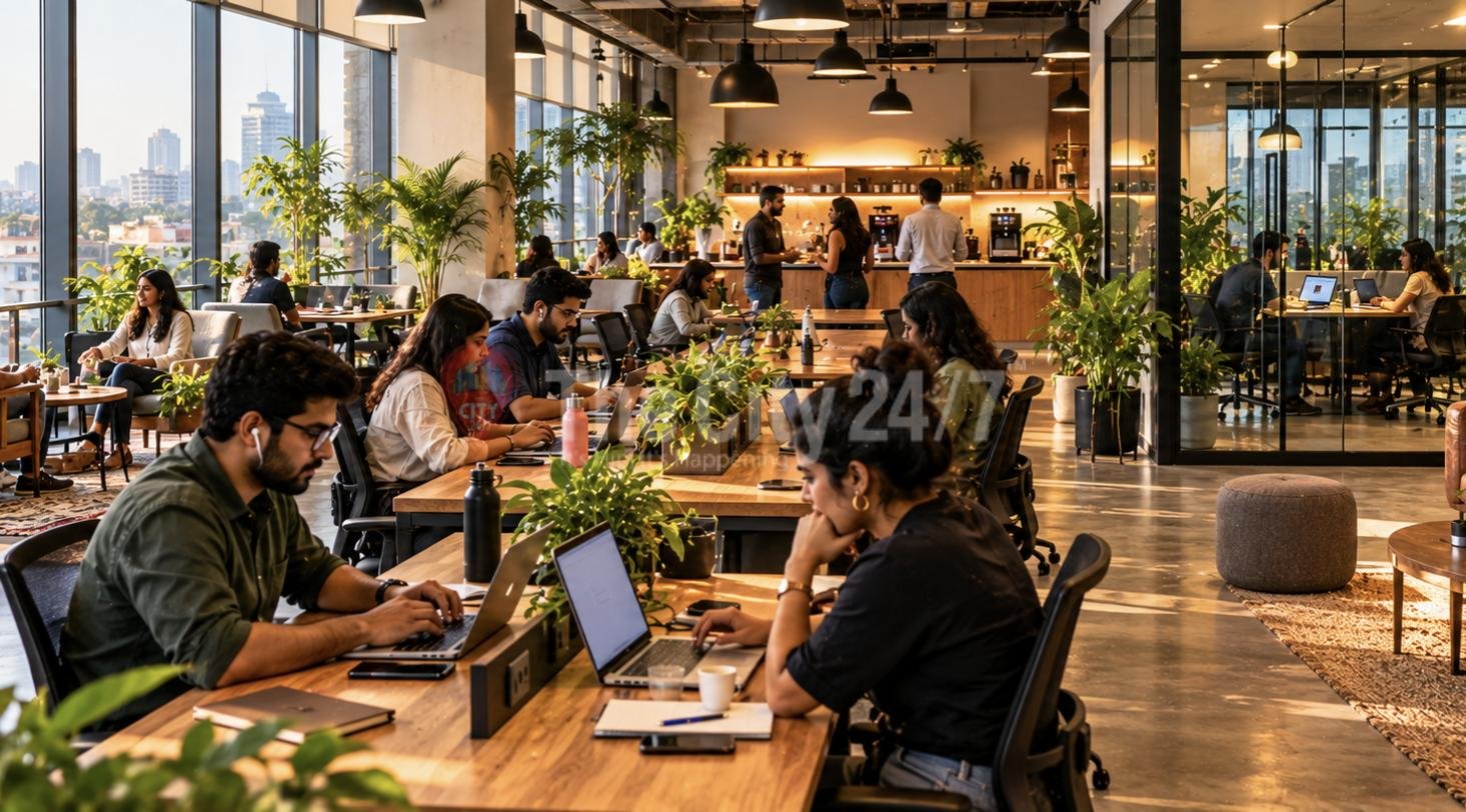 People working at shared desks in a bright, plant-filled coworking space with city views and a coffee bar