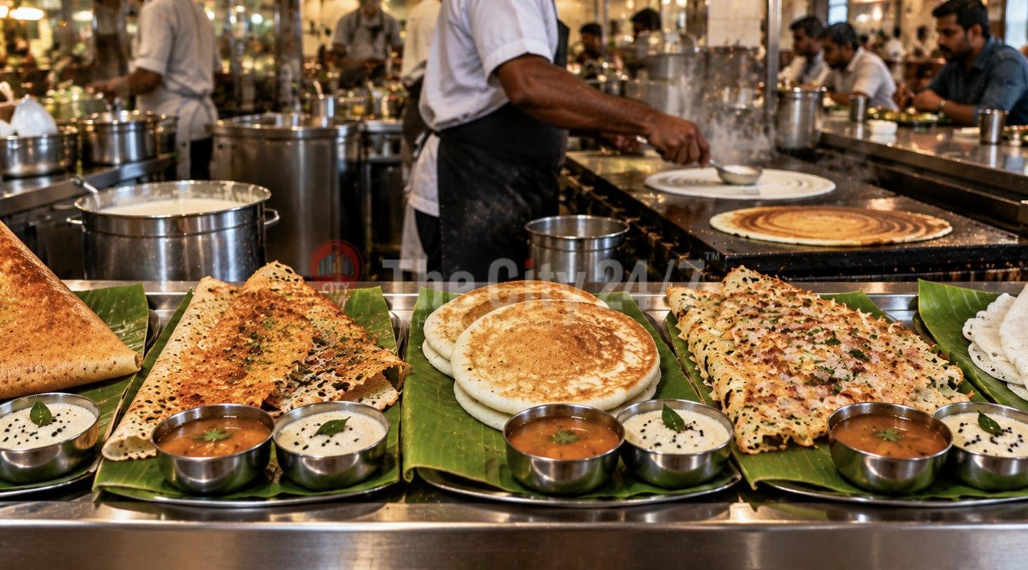 Plates of different dosas on banana leaves with chutney and sambar at a steel counter, a cook spreading batter on the griddle behind