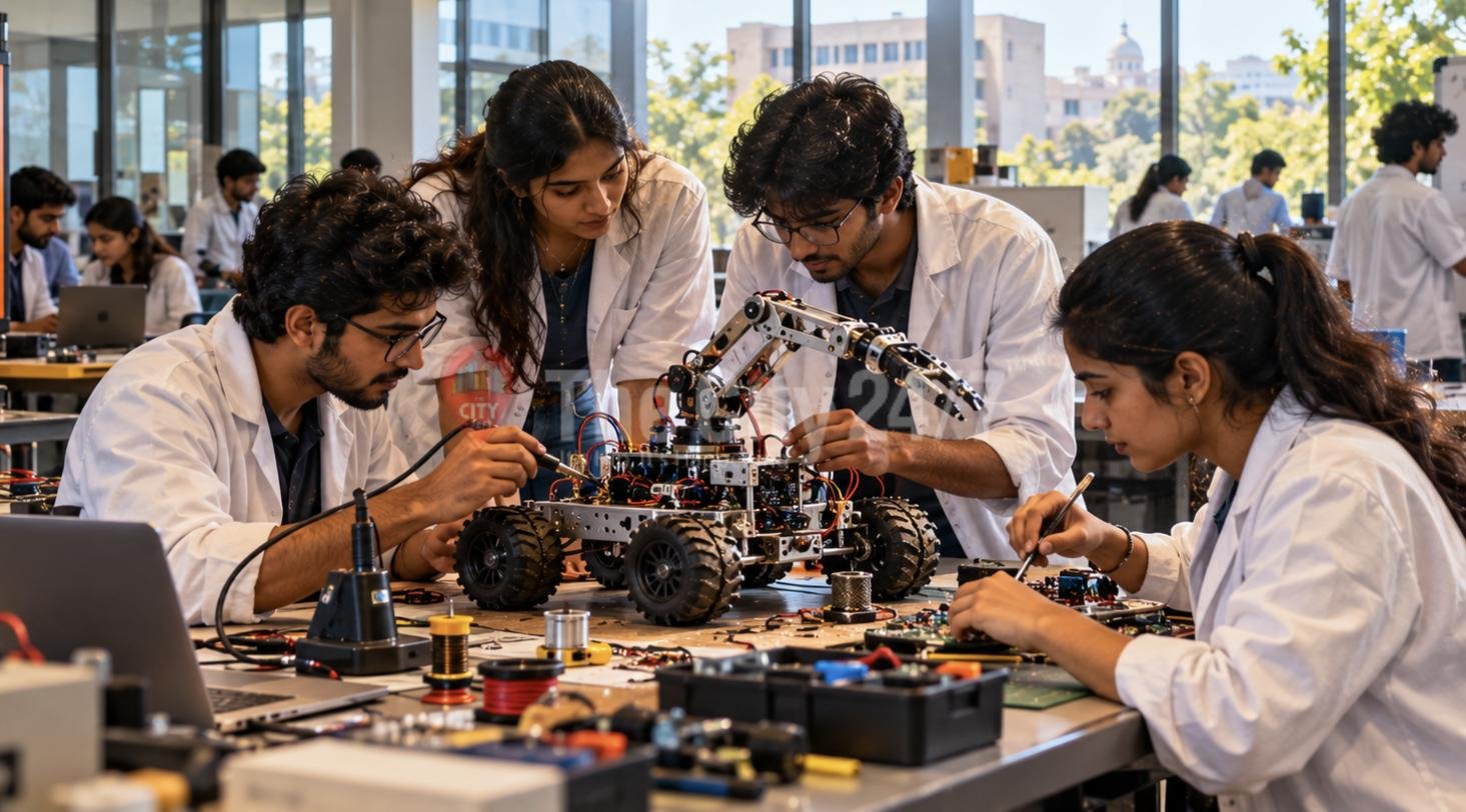 Engineering students in lab coats building and soldering a robotic arm rover in a bright college lab