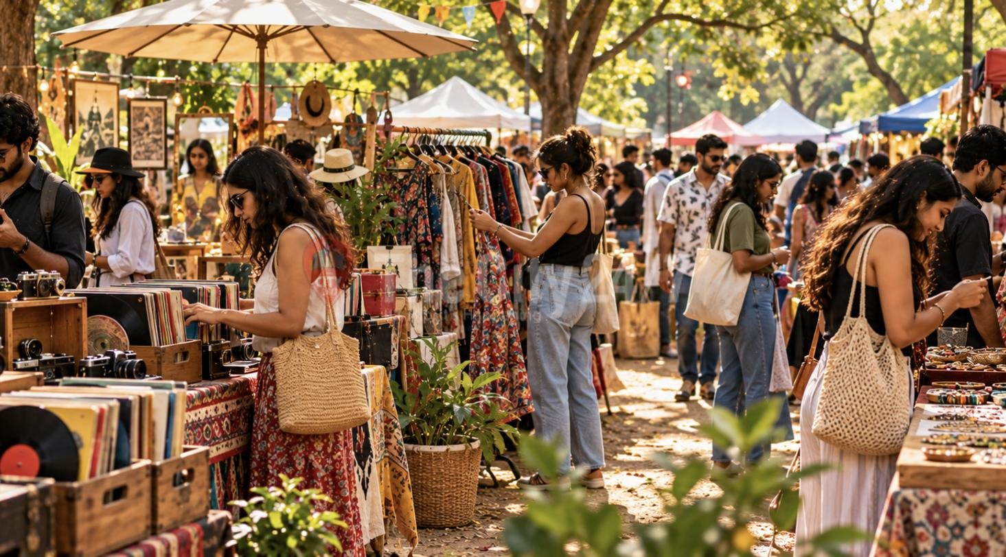 Shoppers browsing vintage records, cameras, clothing racks and jewellery at an open-air flea market under trees
