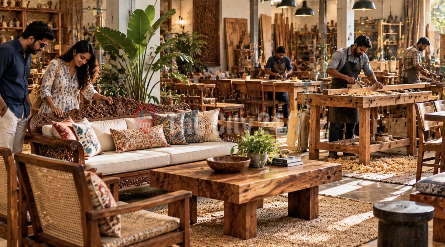 A couple examining a carved wooden sofa in a furniture showroom while carpenters work at benches behind