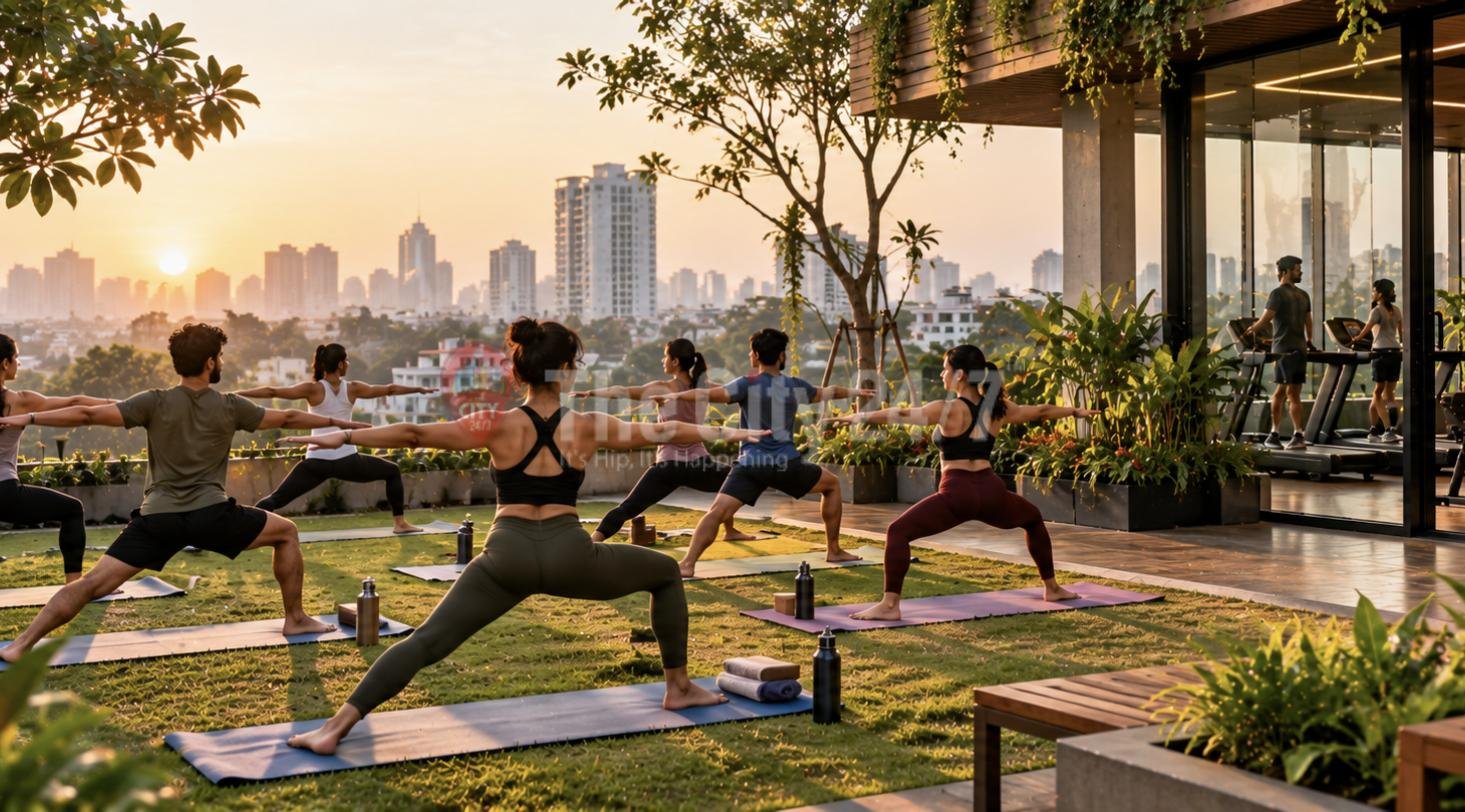A group holding warrior pose on yoga mats on a rooftop lawn at sunset, beside a glass-walled gym with treadmills