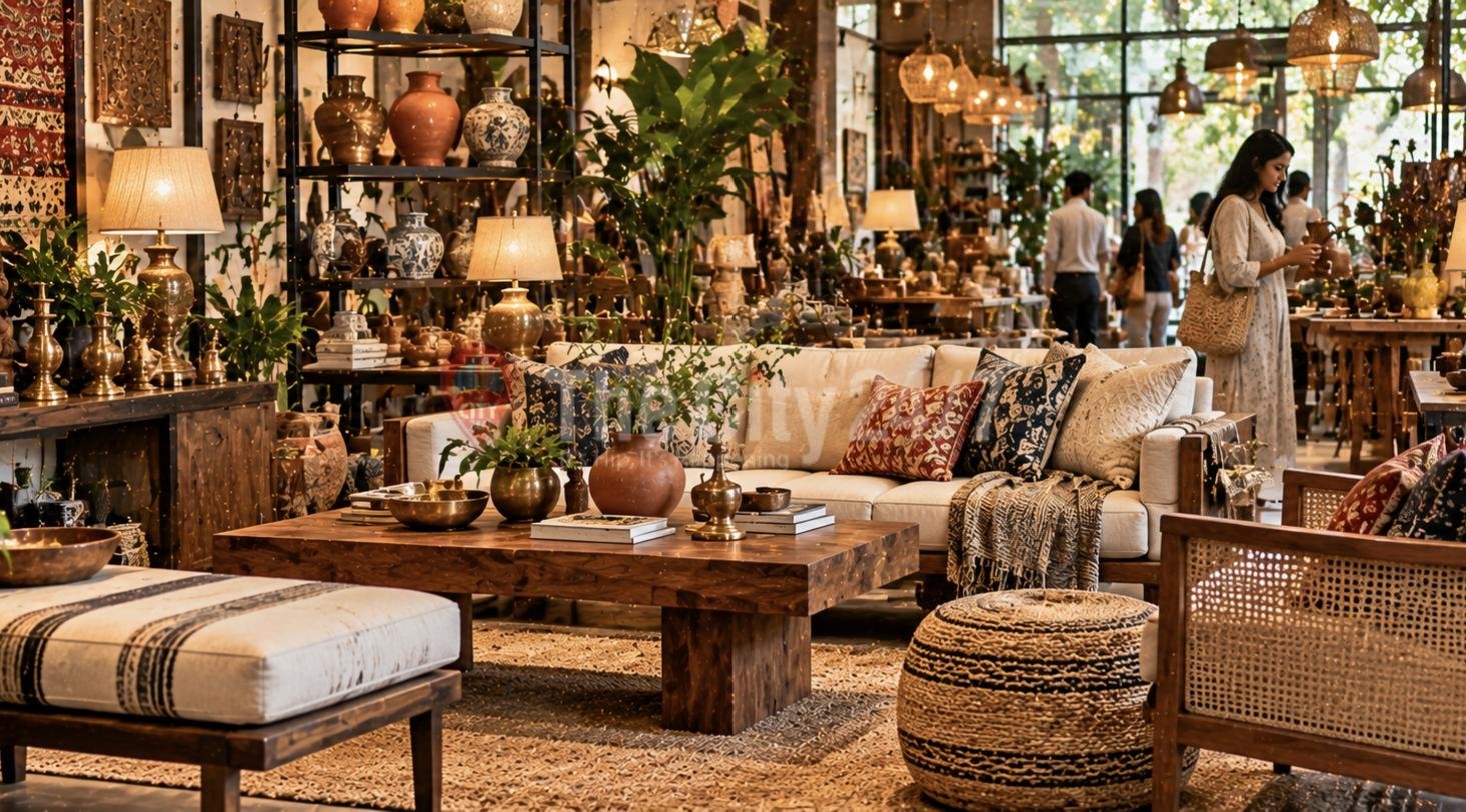 A home decor store styled as a living room with a sofa, patterned cushions, brass lamps, ceramic vases and cane furniture