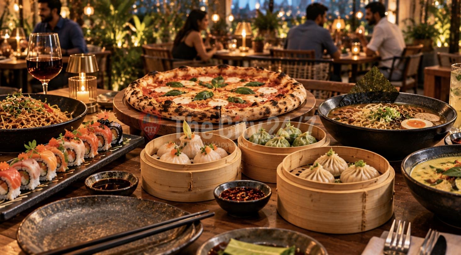 A table spread of Neapolitan pizza, sushi rolls, dim sum in bamboo steamers, ramen and noodles in a candlelit restaurant