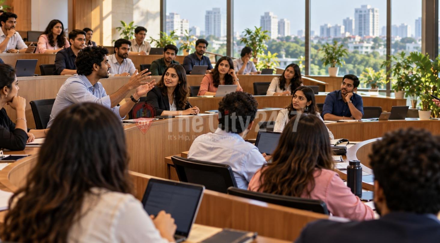 MBA students with laptops in a tiered case-discussion classroom, one student making a point, city view through the windows