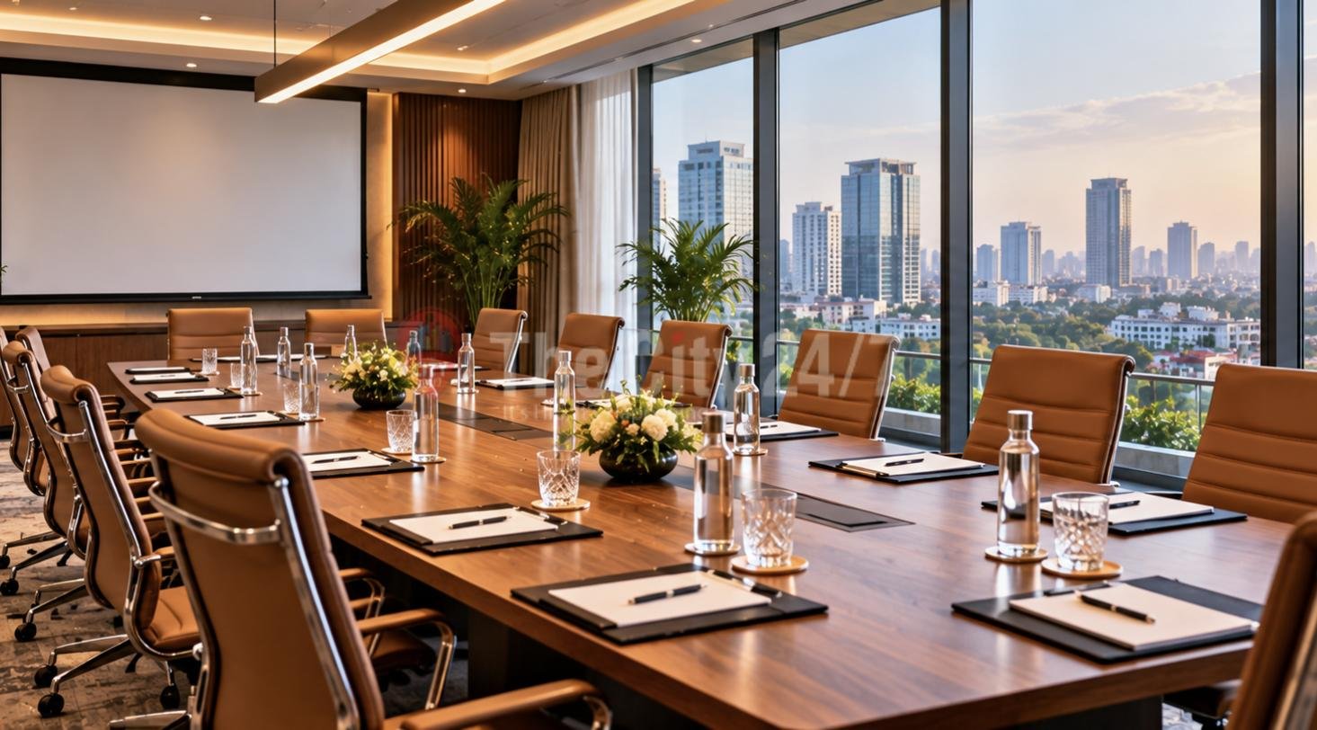 A boardroom set for a meeting with leather chairs, notepads and water bottles on a long table, a screen and city view through glass