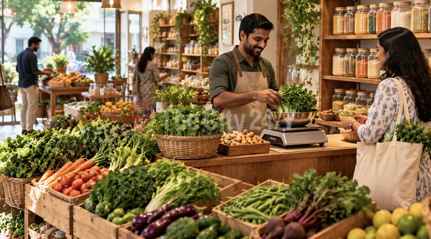 A shopkeeper weighing fresh greens for a customer in an organic store with crates of vegetables and jars of grains