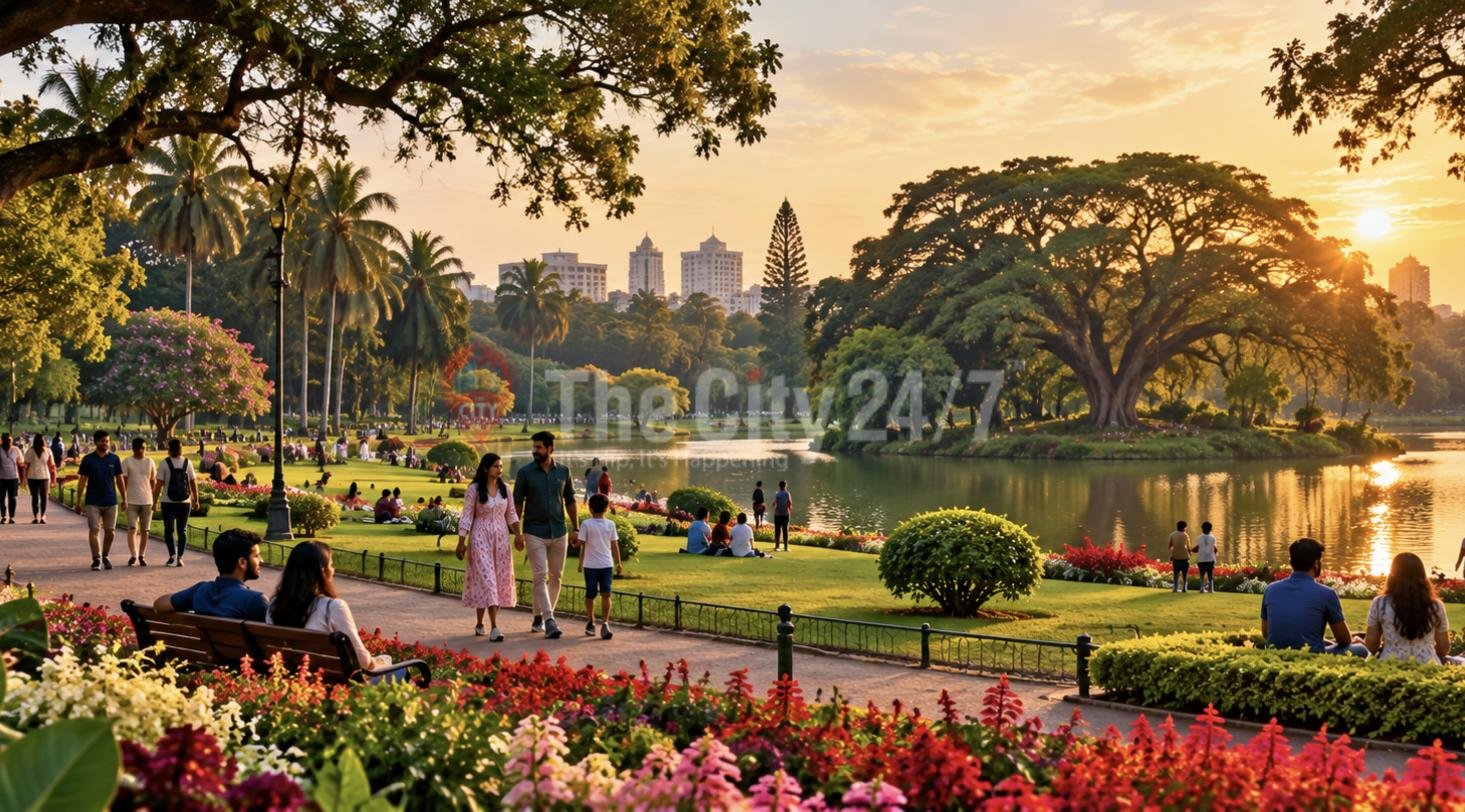 Families strolling past colourful flower beds and lawns beside a lake in a large city park at sunset