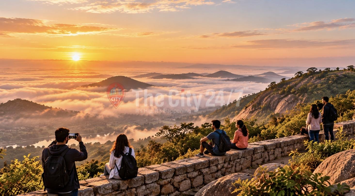 Visitors on a stone wall at a hilltop viewpoint watching the sunrise over a sea of clouds and hills