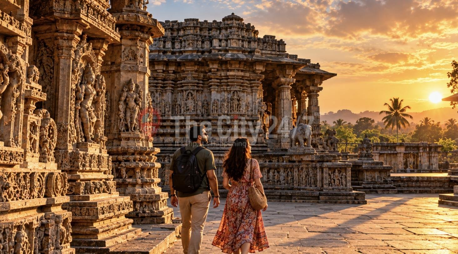 A couple walking past intricately carved stone pillars and sculptures of an ancient Hoysala-style temple at sunset