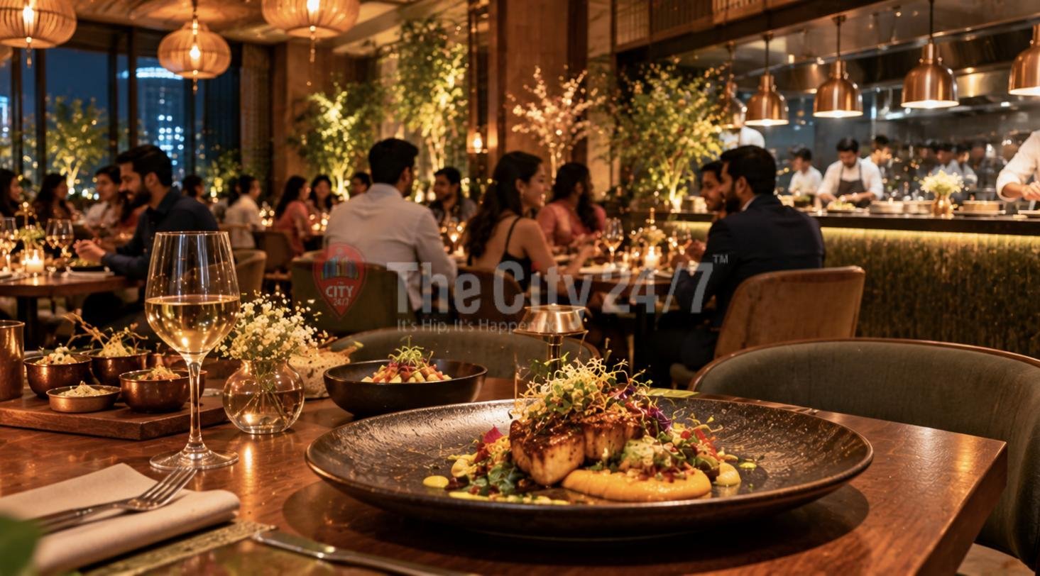 A plated fish dish and glass of white wine in an elegant restaurant with diners and an open kitchen behind