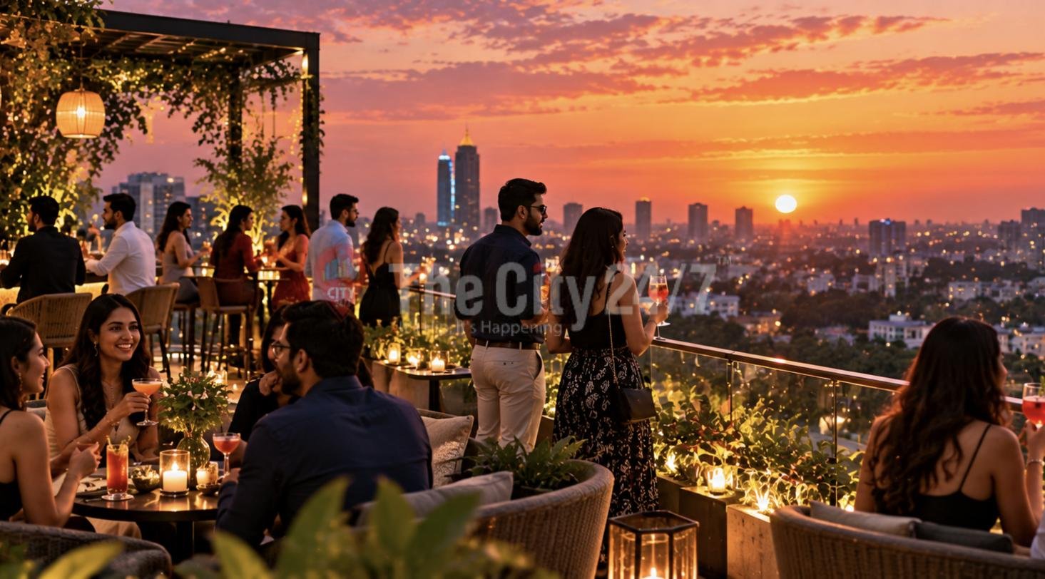 Guests with cocktails on a candlelit rooftop terrace watching the sun set over the city skyline