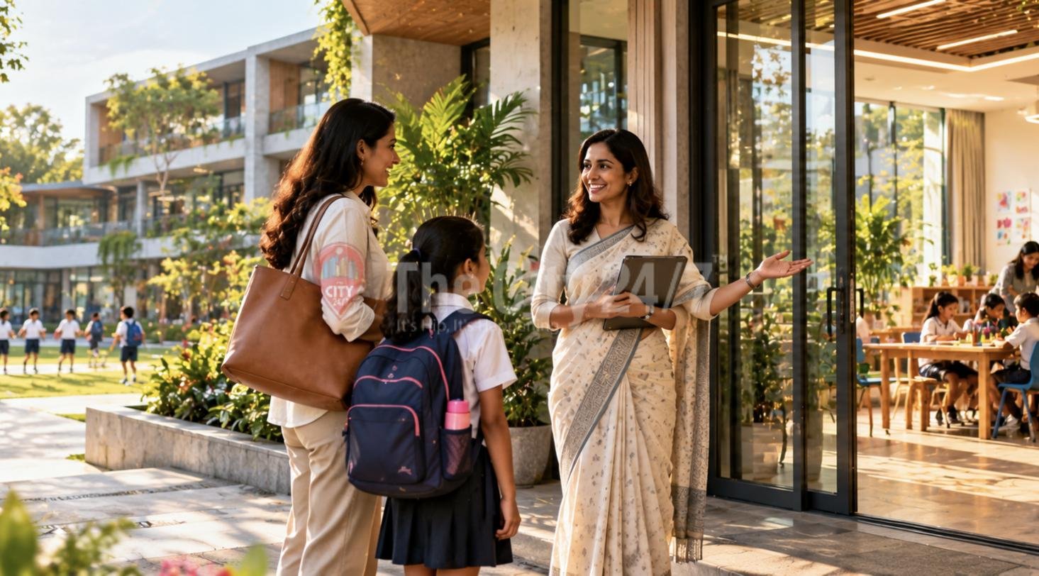 A teacher in a saree showing a mother and her uniformed daughter around a modern school campus, children in a classroom behind