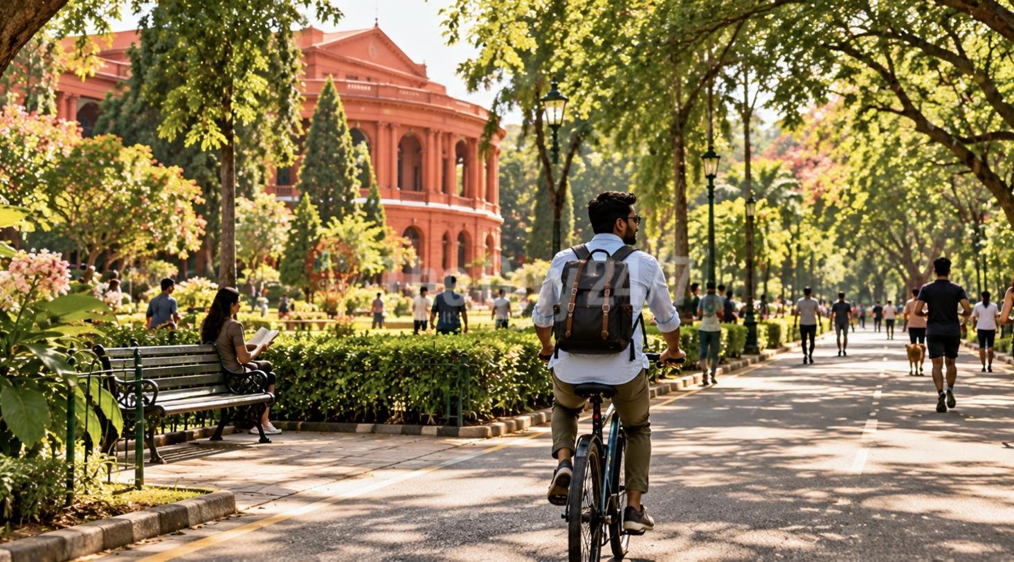 A cyclist riding along a tree-shaded path in Cubbon Park towards the red State Central Library, joggers and a reader on a bench