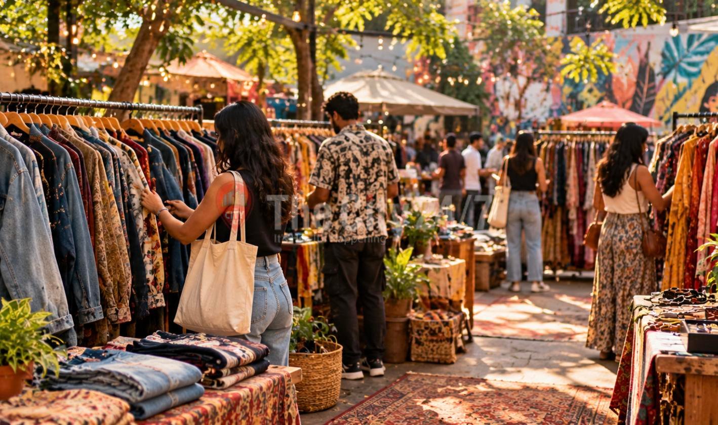 Shoppers browse racks of vintage denim and printed clothes at an outdoor thrift market under string lights, with rugs and a painted mural