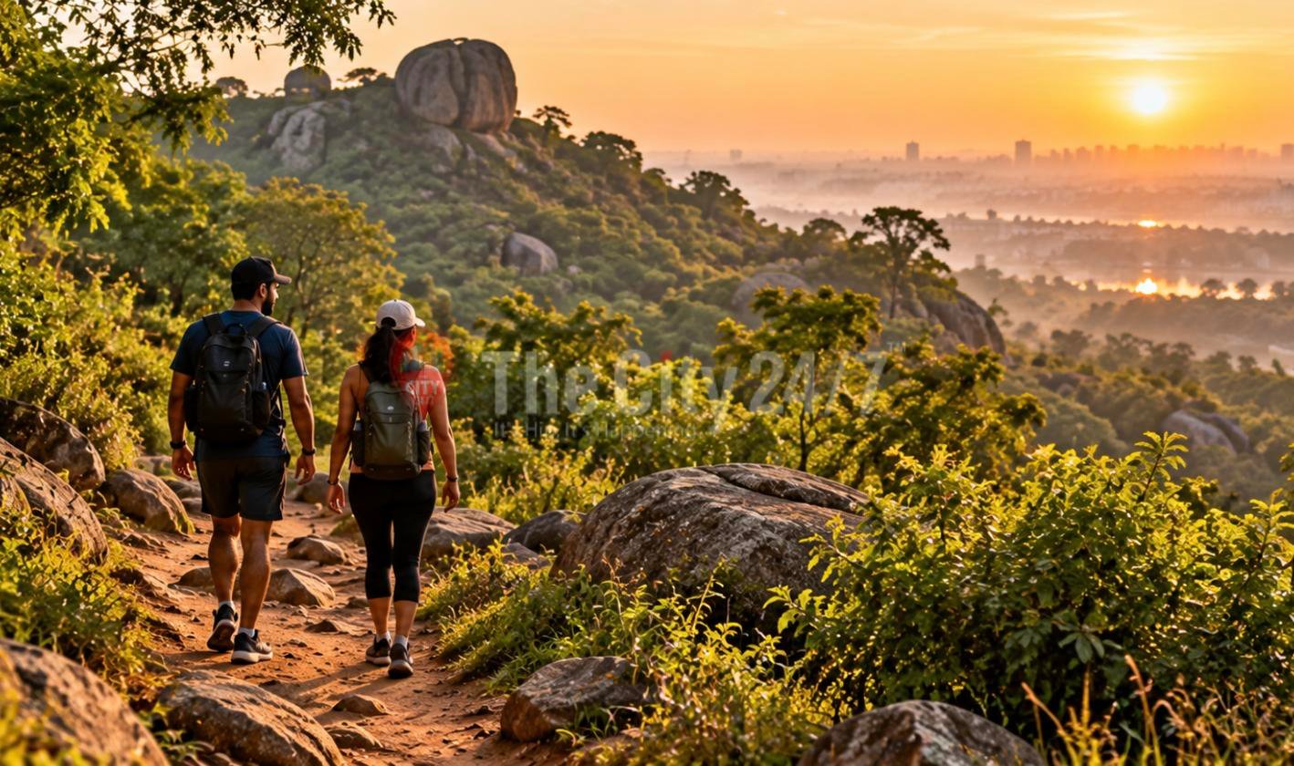 Two hikers with backpacks walk a rocky dirt trail through green scrub at sunrise, with granite boulders and a hazy city skyline beyond