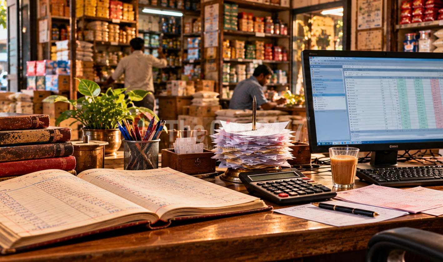 A shop counter with an open ledger, invoice spike, calculator and a glass of chai beside a computer showing accounting software, shelves of goods behind