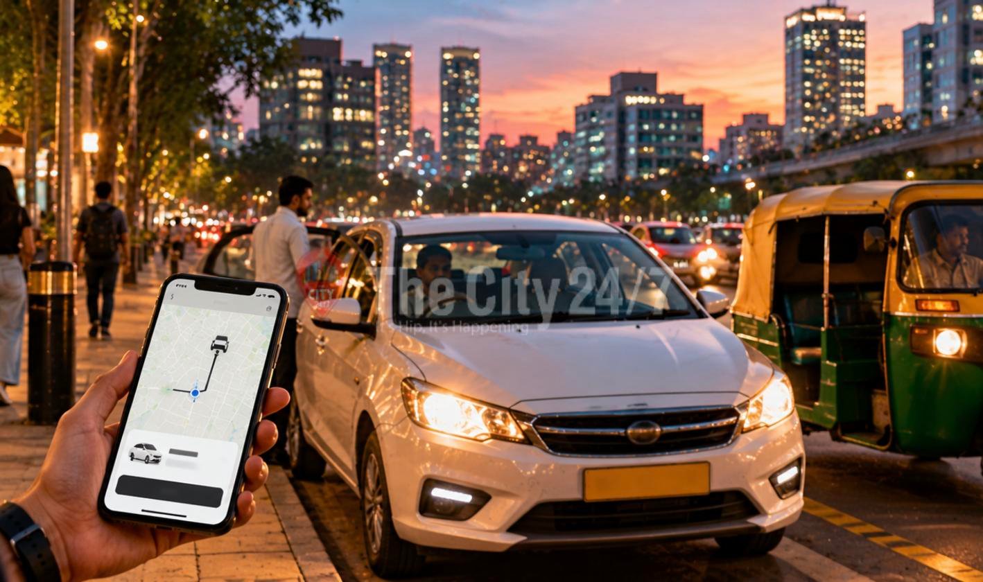 A hand holds a phone showing a cab booking map beside a white taxi and a green and yellow auto rickshaw on a city street at dusk