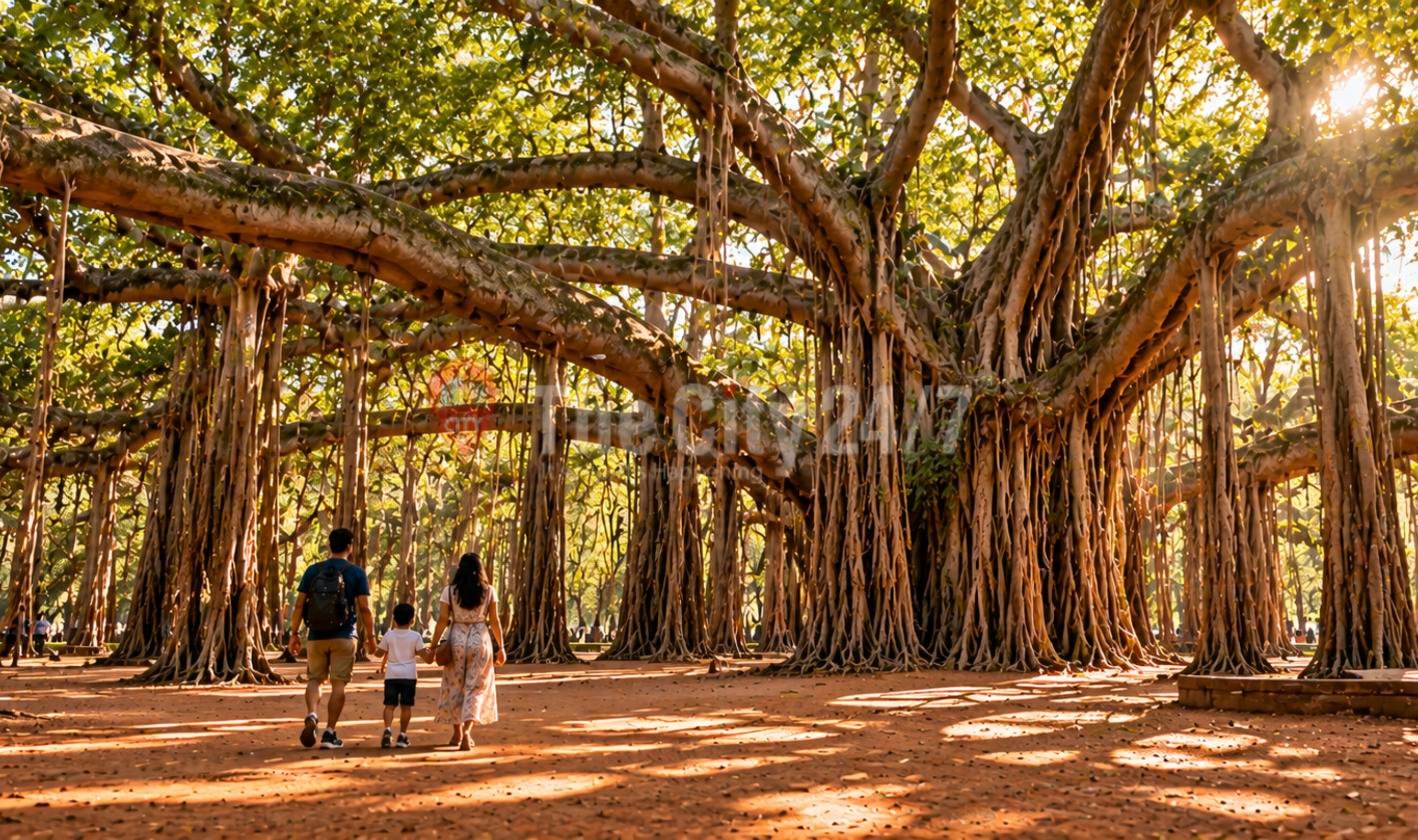 A family of three walks hand in hand beneath the sprawling branches and hanging aerial roots of a giant banyan tree in golden sunlight