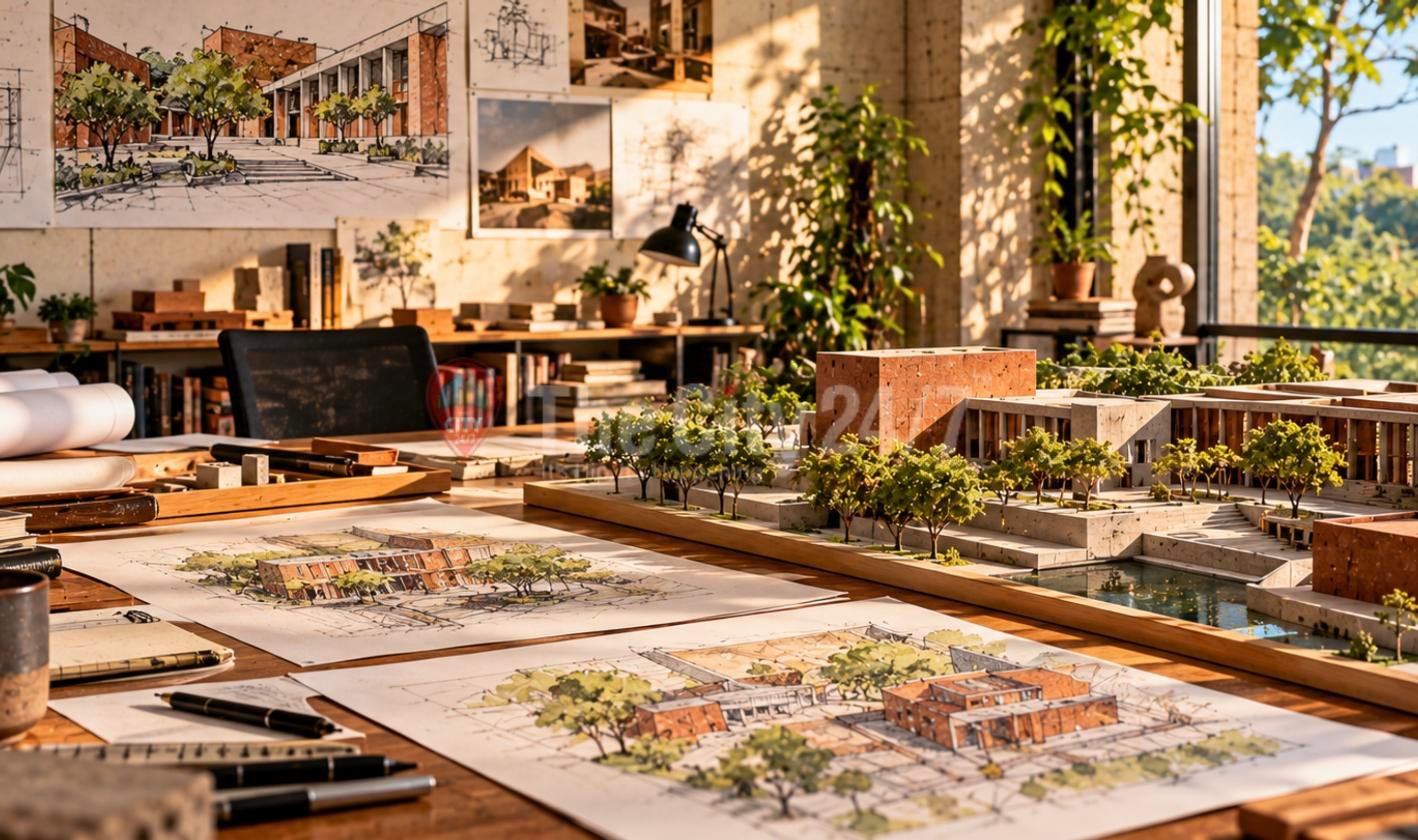An architect's sunlit desk with brick building sketches, a scale model of a red brick campus with trees and a pool, and drawings pinned to the wall