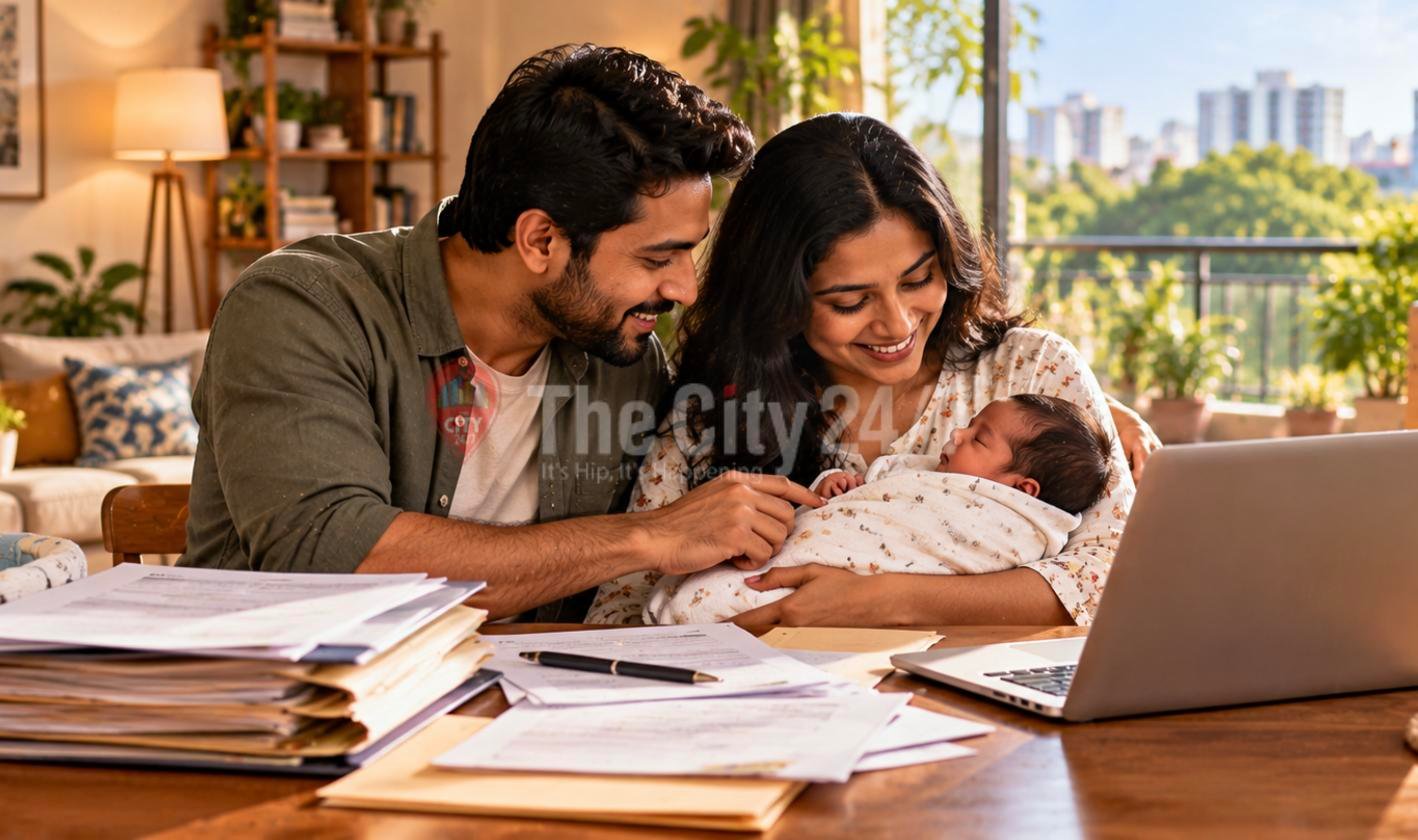 Smiling parents cradle their newborn at a dining table covered with application papers and a laptop, city apartments visible through the window