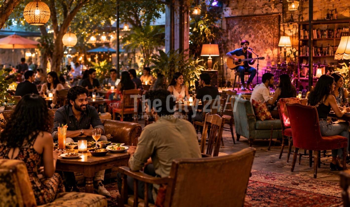 Diners on mismatched vintage armchairs share food and drinks under glowing lanterns as a guitarist performs beside a bookshelf in an outdoor cafe