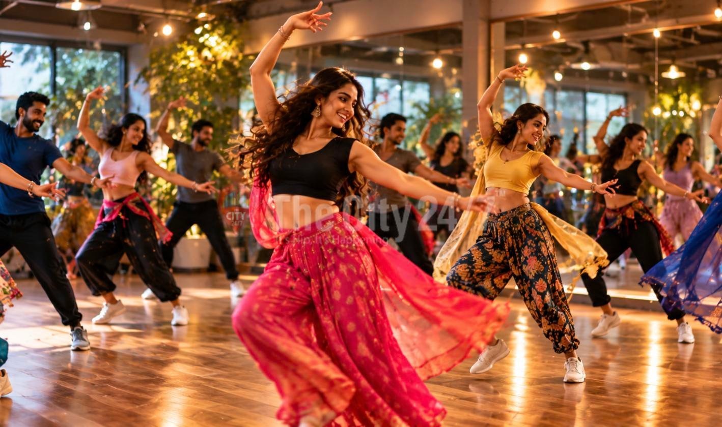 A smiling woman in a flowing pink skirt leads a group of dancers mid-move in a mirrored studio with wooden floors and warm lights