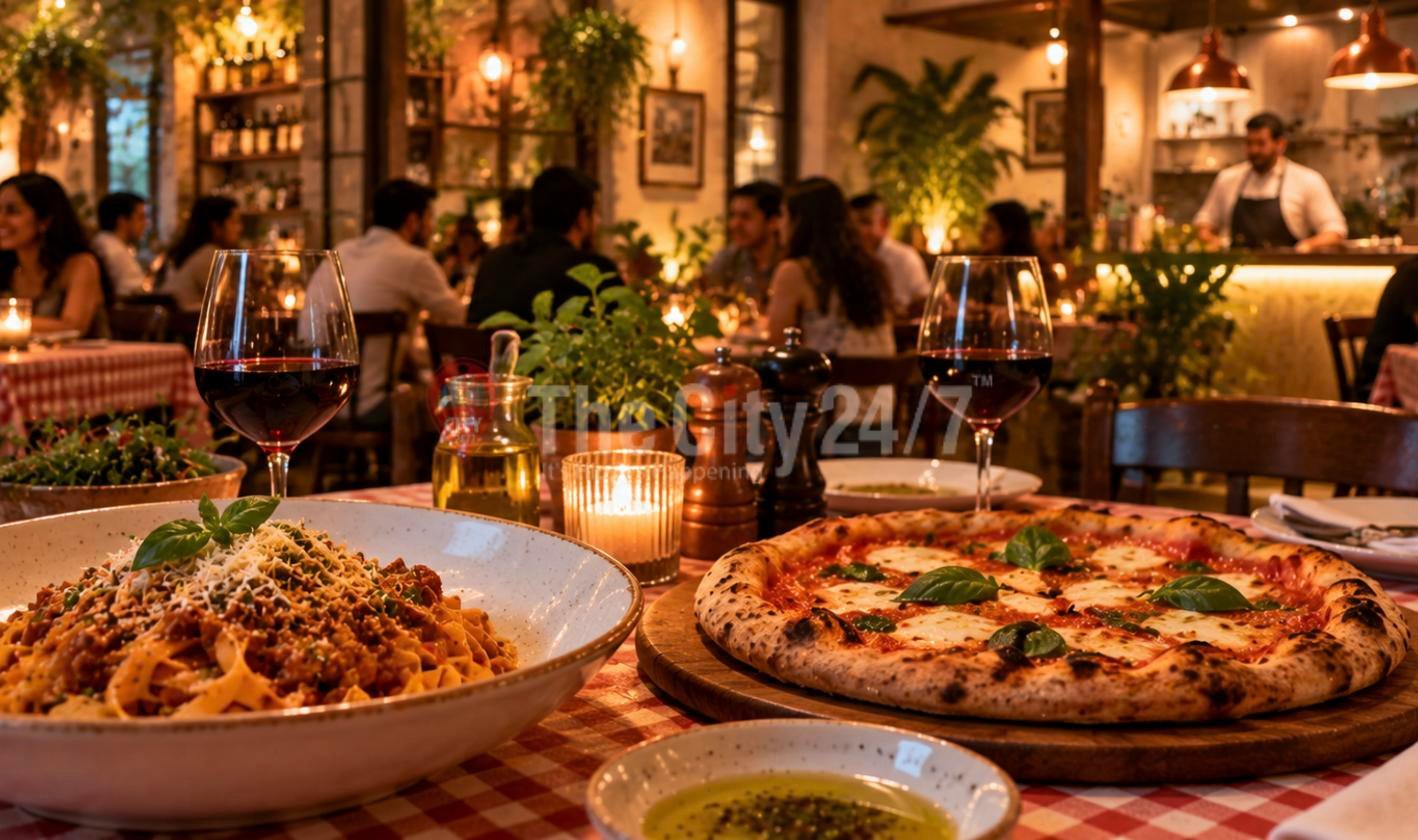 Tagliatelle with ragu and a basil-topped Neapolitan pizza beside glasses of red wine on a checked tablecloth in a candlelit trattoria