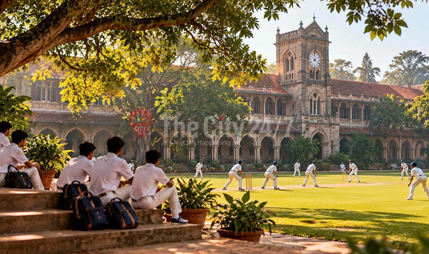 Schoolboys in white uniforms sit on steps watching a cricket match on a green field in front of a stone colonial school with a clock tower