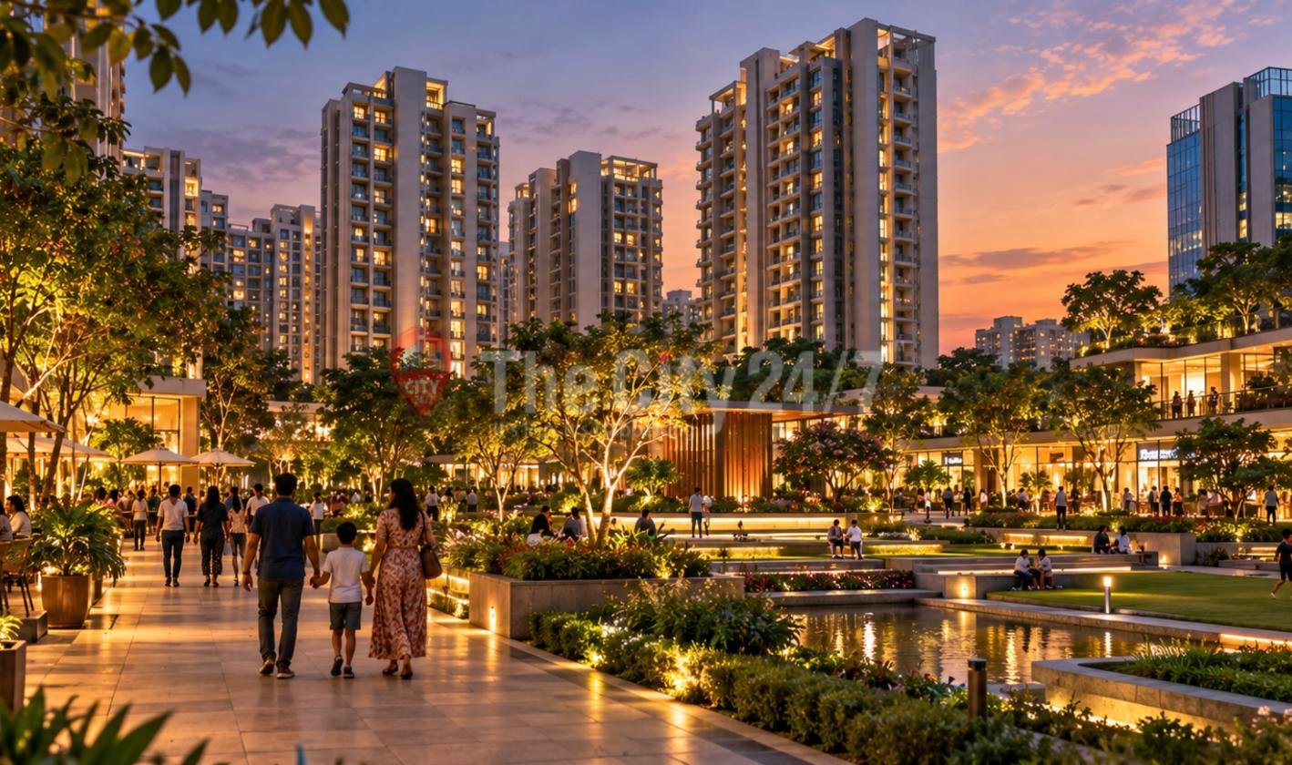 A family walks along a lit landscaped promenade with a reflecting pool, below high-rise apartment towers and shops at dusk