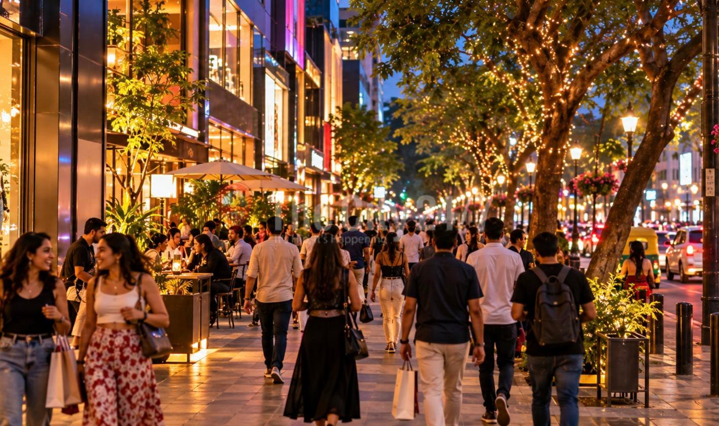 Shoppers carrying bags stroll a busy evening pavement lined with lit storefronts, outdoor cafe tables and trees wrapped in fairy lights