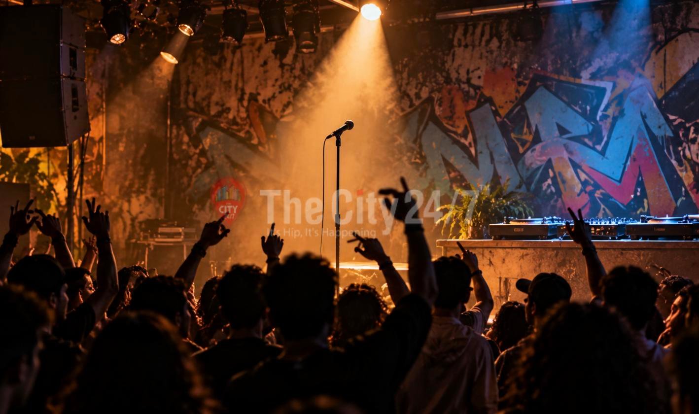 A crowd raises hands toward a spotlit microphone stand and DJ decks on a smoky stage backed by a graffiti wall