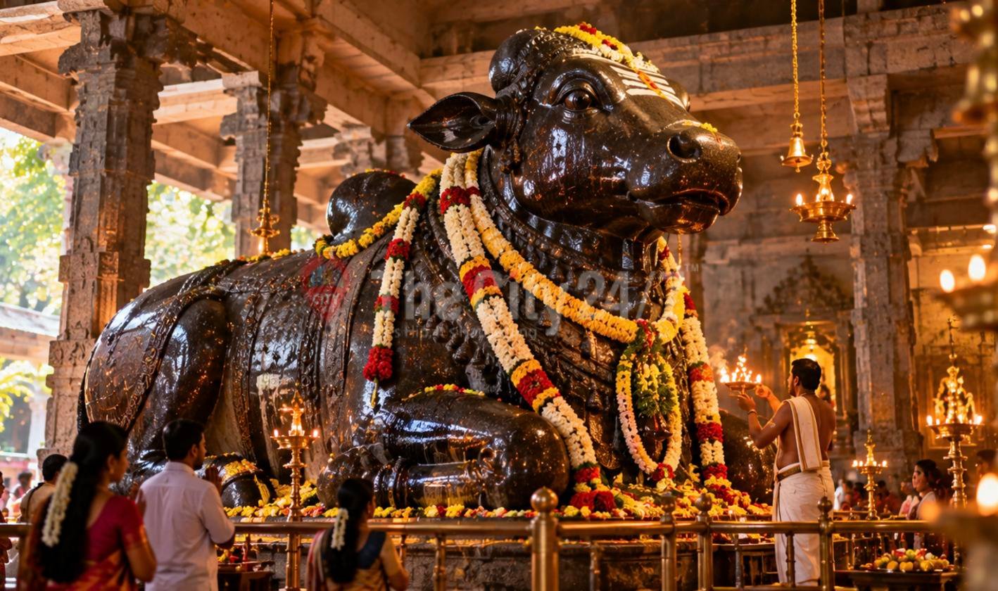Devotees pray before a huge black stone Nandi draped in marigold and jasmine garlands as a priest offers a lamp in the temple hall