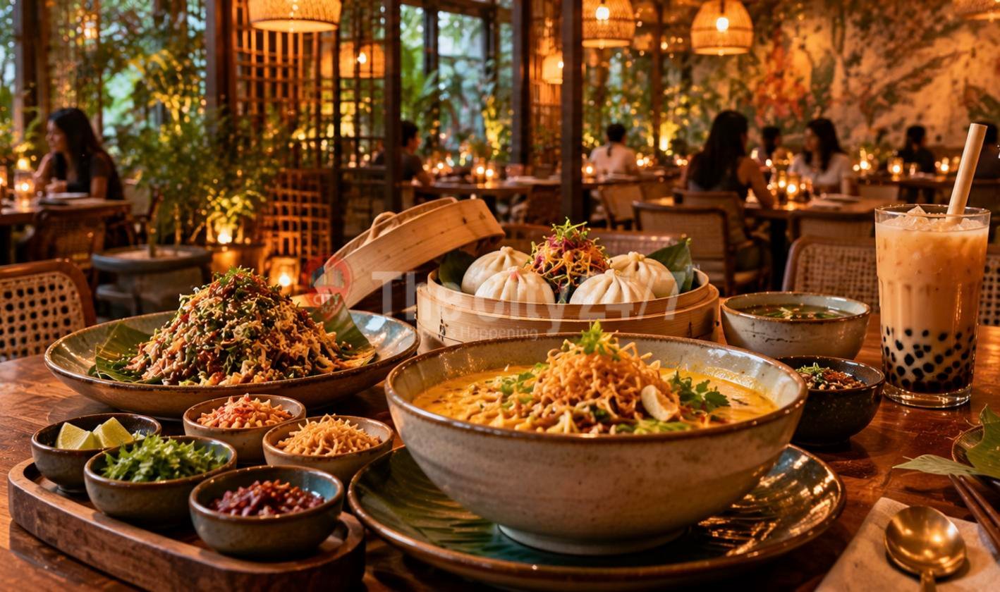 A bowl of khow suey with crispy toppings, steamed buns in a bamboo basket, a tea leaf salad and bubble tea on a table in a warmly lit restaurant