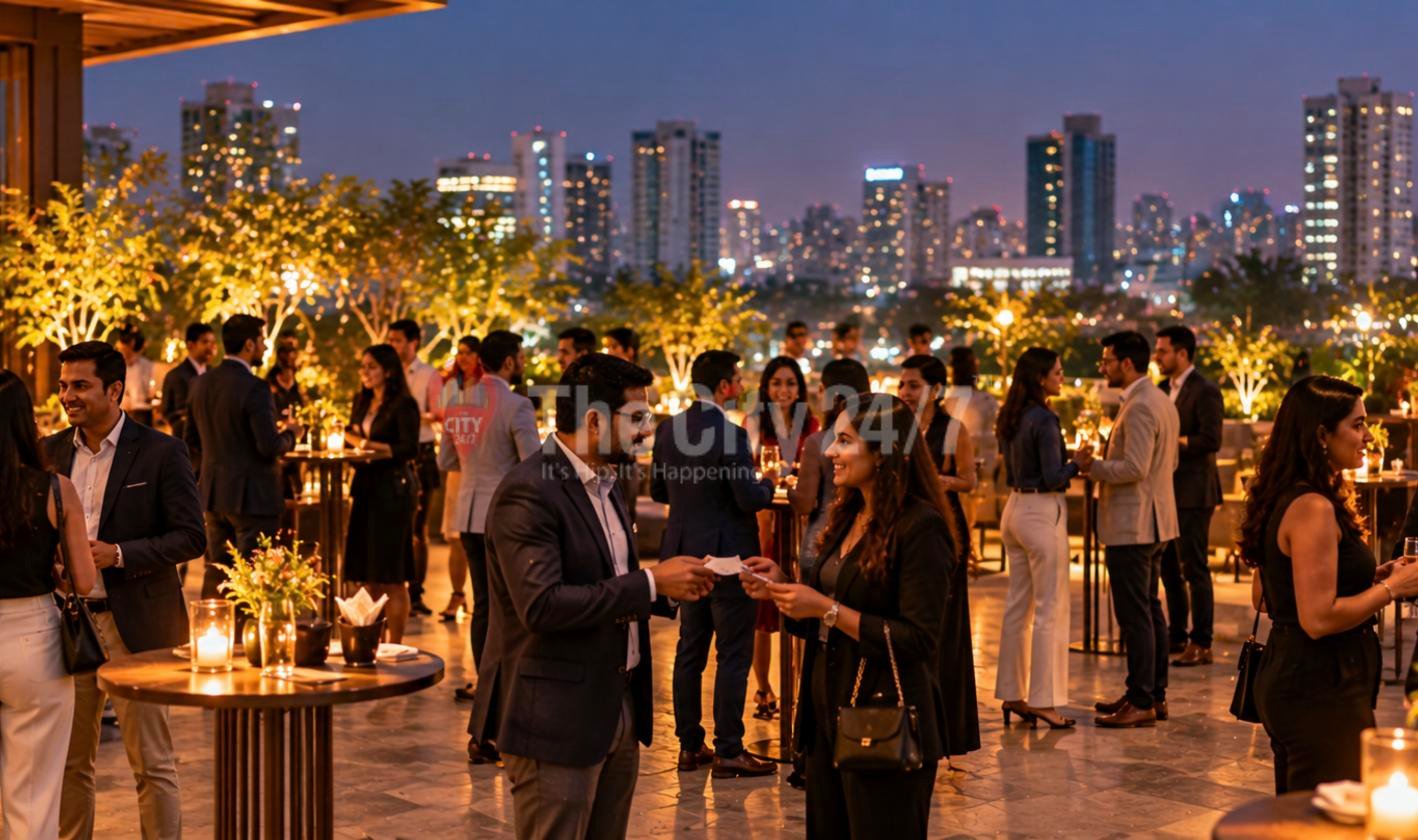 Professionals in blazers exchange business cards and chat around candlelit tables on a rooftop terrace overlooking a lit city skyline