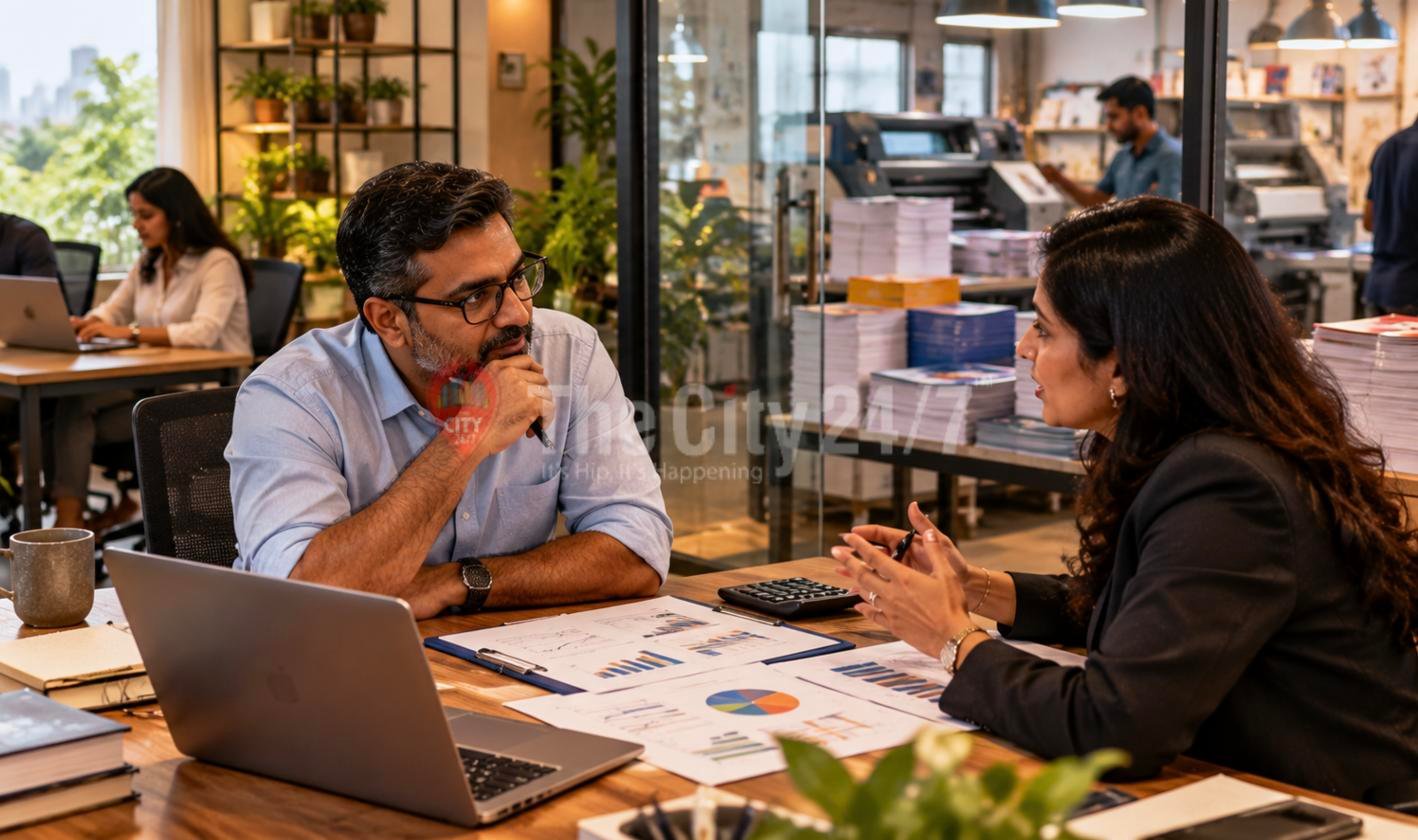 A man and woman discuss charts and reports across a desk with a laptop and calculator, with a print shop working behind a glass wall