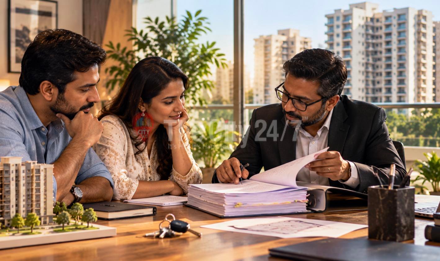 A couple watches a man in a suit review a thick file of property documents at a desk with house keys and an apartment model, towers outside